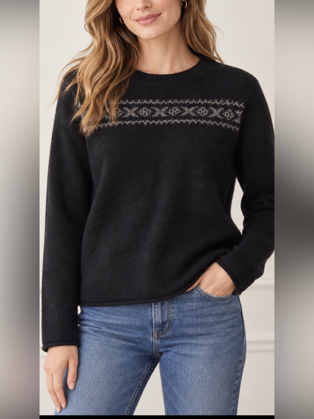 Calvin Klein Women’s L 100% Lambswool Black Fair Isle Crewneck Sweater